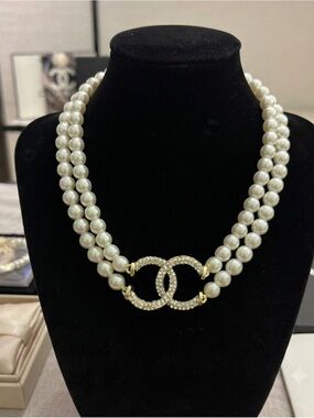 CC Choker White Pearl Double Strand Necklace with Crystal Emblem